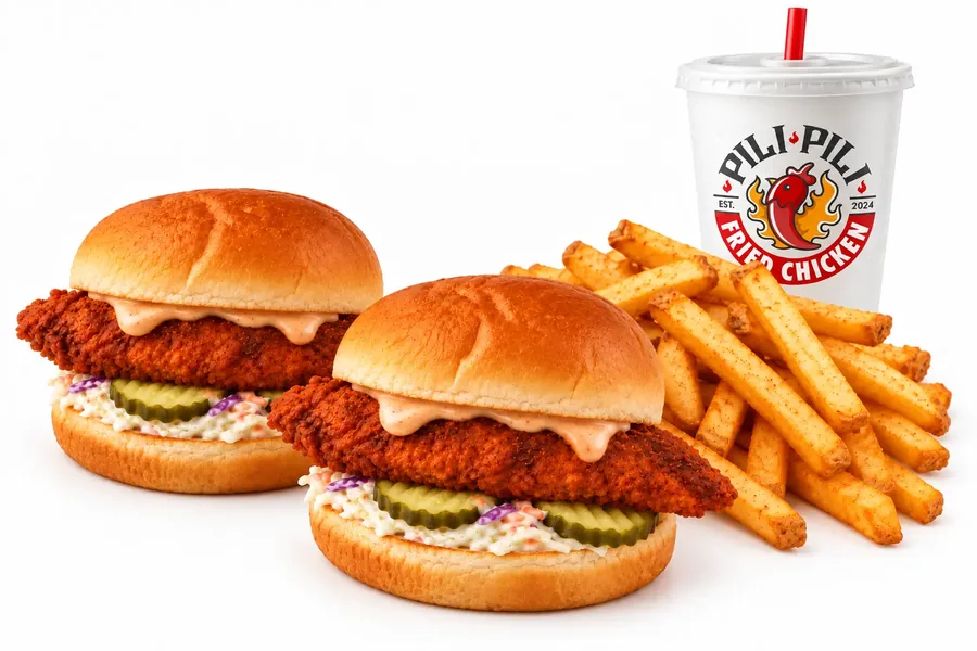 Two fried chicken sliders with coconut slaw and pickles, seasoned fries and a drink