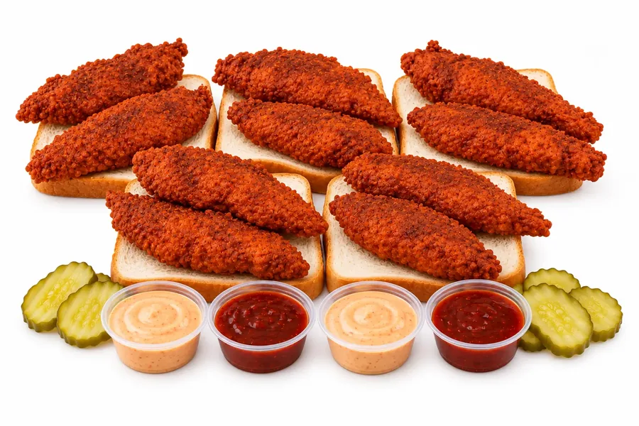 Family Hot Box with ten fried chicken tenders, toast, pickles and dipping sauces
