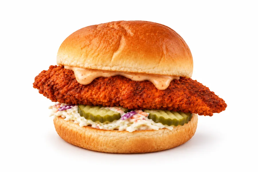 Fried chicken slider with coconut slaw and pickles in a toasted bun