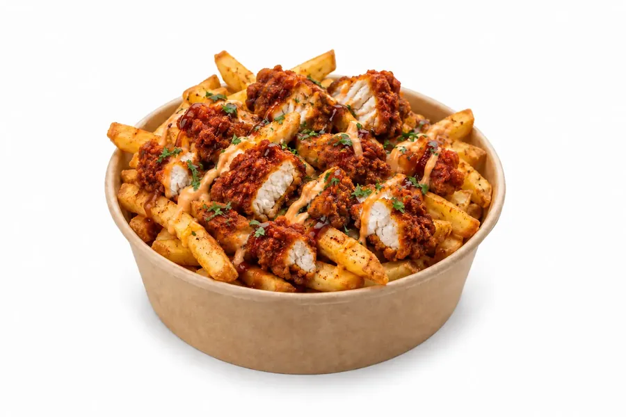 Seasoned fries loaded with chopped fried chicken, sauces and fresh herbs
