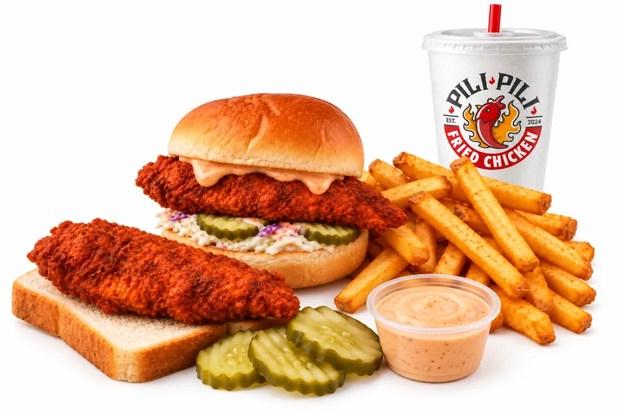 One fried chicken tender and one slider with seasoned fries, House Sauce and a drink