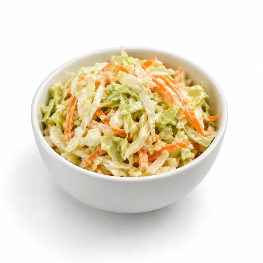 Bowl of creamy coconut coleslaw with cabbage and carrot