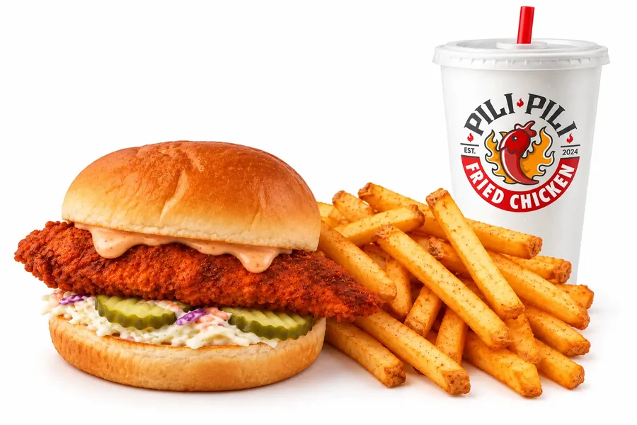 Fried chicken slider with coconut slaw and pickles, seasoned fries and a drink