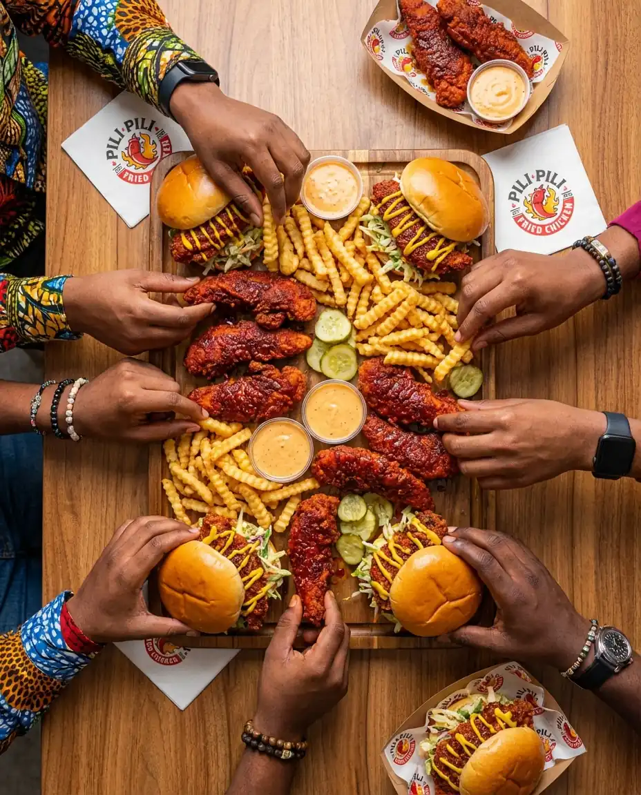 Spread of fried chicken tenders, sandwiches, fries and dipping sauces